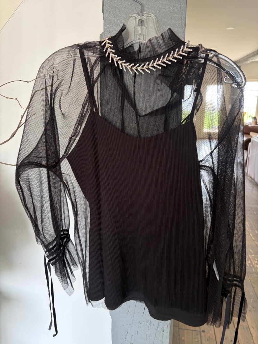Black Sheer Long-Sleeve Overlay Camisole with Embellished Neckline